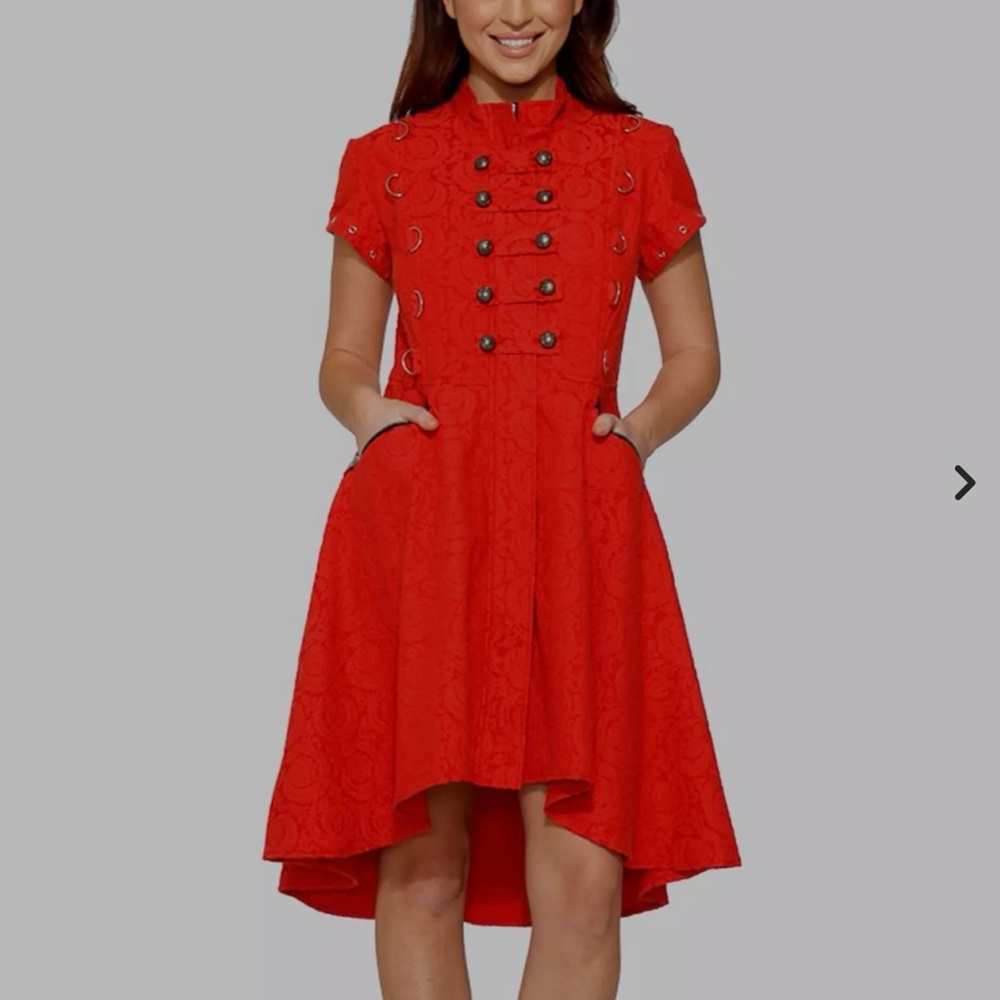 NWT Elegant Red Jacquard Double-Breasted Women's Dress